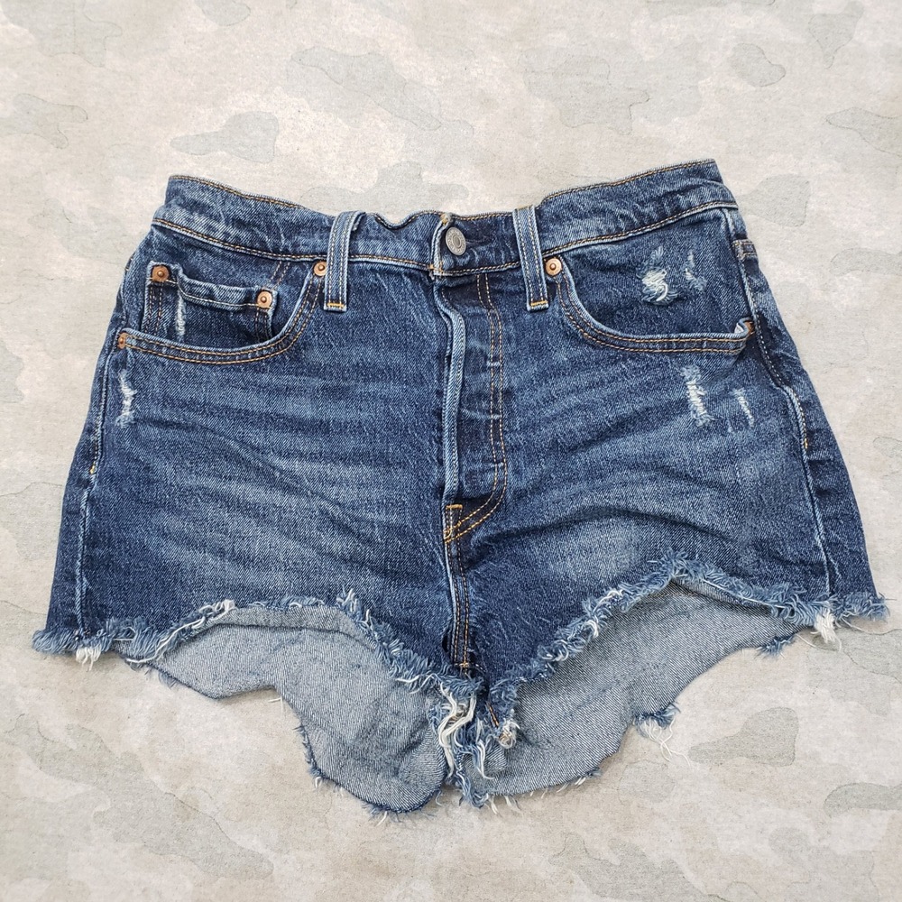 Levi 501 Shorts Womens 28 Blue Distressed High Rise Cut Off Denim Dark Wash